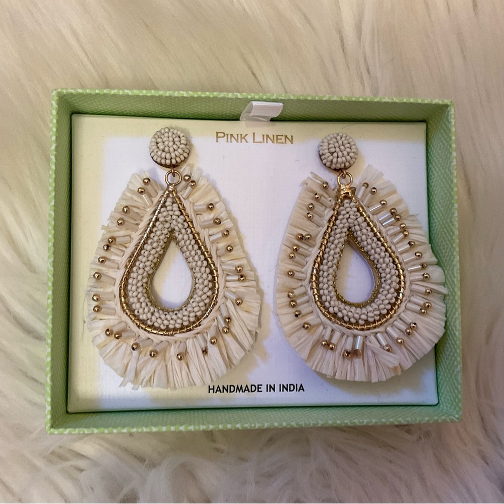 Pink Linen Raffia & Bead Earrings - New in Box - Picture 3 of 6